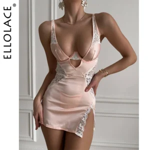 Ellolace Sexy Deep-V Neck Satin Dress Sexy Lingerie Lace Patchwork Split Sissy Night Dress Women Slip Dress Silk Nightwear - AliExpress 200574005