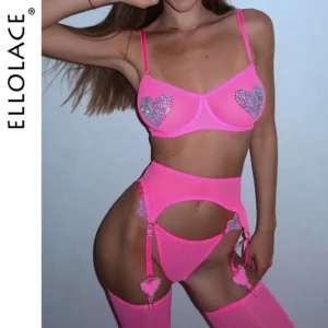 Ellolace Neon Fancy Daring Lingerie For Women Heart Rhinestone 3-Piece Mesh Female Underwear Sexy Erotic Youth Outfits - AliExpress 200574005